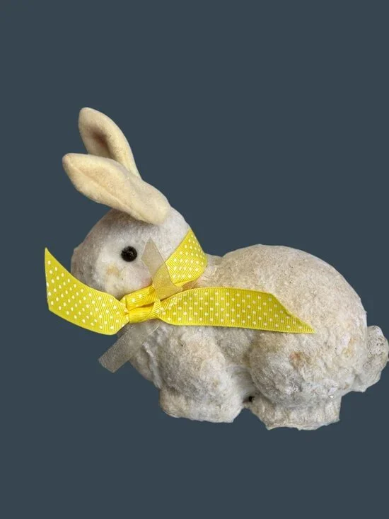 Vintage Flocked Easter Bunny Rabbit Yellow Ribbon 8" Decor Spring Display Worn - Picture 7 of 9
